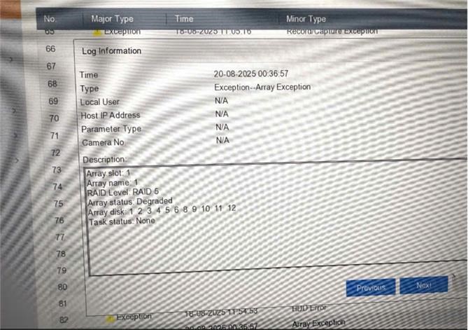 Log đầu ghi Hikvision báo RAID 5 Degraded, thiếu ổ số 7