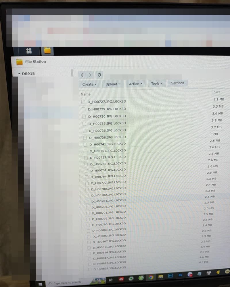 Màn hình File Station NAS Synology: file ảnh JPG bị gắn đuôi LOCK3D sau khi bị ransomware mã hoá