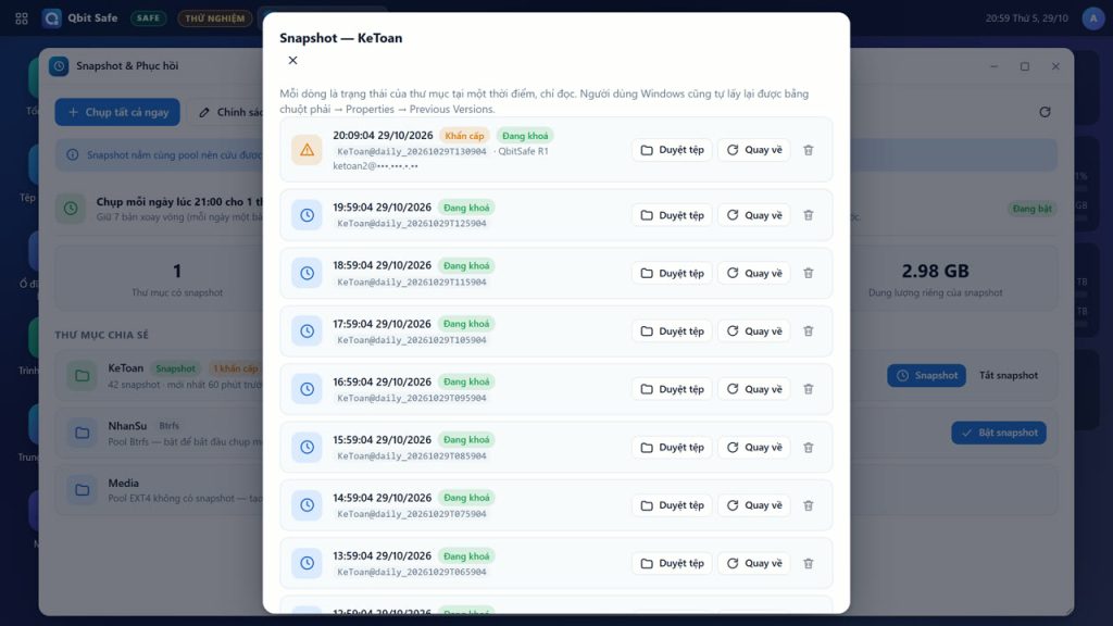 Qbit Safe snapshot khoá, khôi phục thư mục về trước lúc bị tấn công