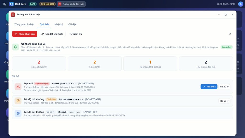 Qbit Safe tệp mồi phát hiện ransomware, ngắt phiên, chặn IP, khoá tài khoản